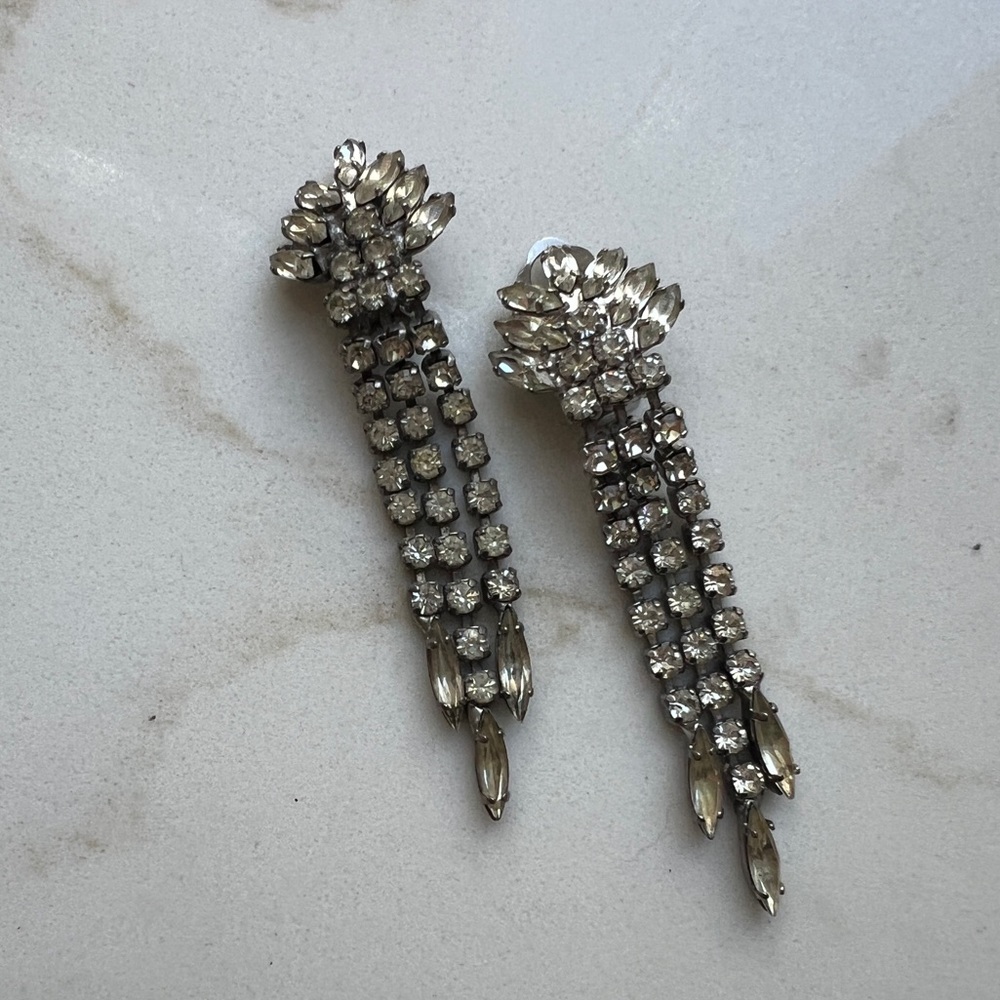 vintage Rhinestone Crystal Drop Earrings Clip On